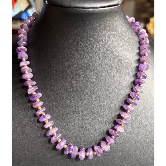VTG Amethyst & Gold Beaded Necklace 16” Purple Gemstone 10k barrel gold clasp - Picture 1 of 5